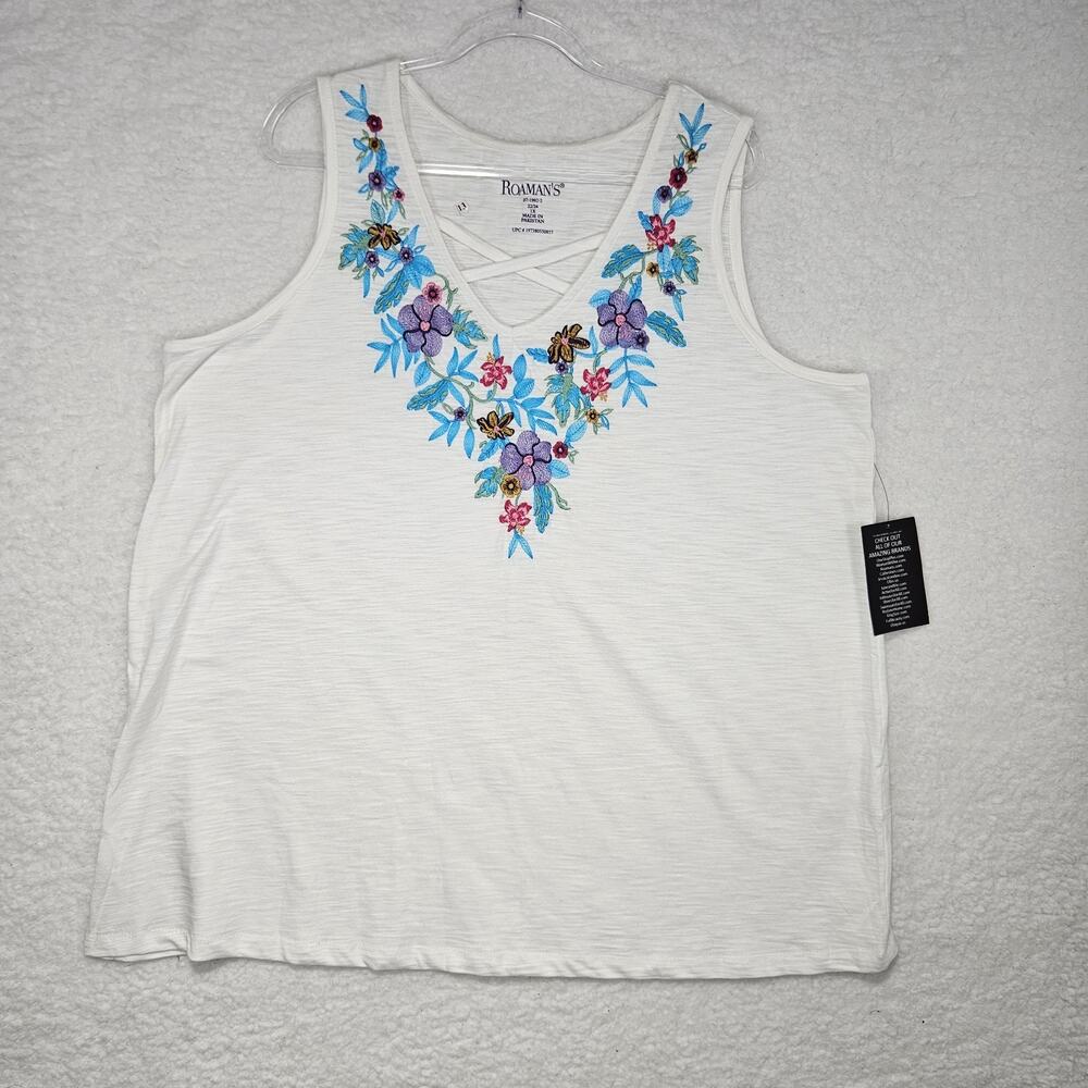 Roaman's 100% Cotton Floral Embroidered Crisscross V-Neck White Tank Woman's 1X